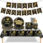 DZOMK 2024 Graduation Party Supplies Congrats 24 Set Grad Plates and Napkins Set Disposable Tableware Paper Plates Napkins Cup Knive Spoon Fork Straw for Class of Party Decorations(Black Gold)