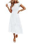 Coloody Women's 2024 Summer Casual Midi Dress Boho Flutter Sleeve Crew Neck Smocked Elastic Waist Tiered A-Line Long Beach Dress(White, XL)