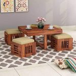 MURALICRAFT Solid Sheesham Wood Coffee Table With 4 Stool|Square Sofa Centre Table|Tea Center Table With 4 Stools For Living Room|Patio Teapoy Table With Four Puffy For Home|Rosewood,Natural Honey