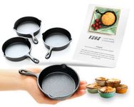 KUHA Mini Cast Iron Skillets 4” (Pack of 4) - Black Non Stick Frying Pans with 4 Small Silicone Trivets and Scraper - Set of Miniature Skillets, Small Frying Pan Skillet with Lid - Cast Iron Pan Set