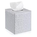 BTSKY Square PU Leather Tissue Box Cover - Stylish Cube Tissue Box Holder with Magnetic Bottom, Decorative PU Tissue Box for Vantity Dresser Night Stand Table Countertop Home Office Car (Silver)