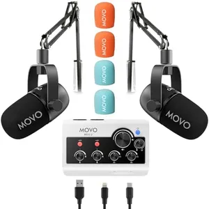 Movo Portable Podcast Equipment Bundle for iPhone/Android Phones- Podcast Kit with Audio Interface, 2 CastMic Dynamic Mics, 2 Boom Arms - for Smartphones, Computers, PC, Mac - Lightning, USB, USB-C