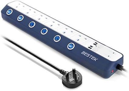 BESTEK Surge Protection Extension Lead, 1.8M 6 Way individual Switch Power Strip Plug Socket with 4 USB Ports (6 Way-White)