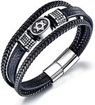 TEMICO Mens Black Leather Cuff Bracelet Multi-Layer Braided Leather Magen Star of David Bracelet Jewish Jewelry, One Size, Leather