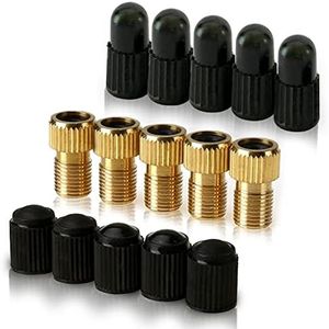 Brass Presta Valve Adaptor (Pack of 5 + 10 Caps) - Convert Presta to Schrader for Bikes, e-Bikes, e-Scooters and Cars - Inflate Tire Using Standard Pump or Air Compressor by Mobi Lock