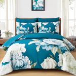 Dobuyly Teal Comforter Set Queen 7 Piece Bed in a Bag, Teal Blue Floral Printed Comforter Set with Sheets, Soft Microfiber Botanical Complete Bedding Set for All Season