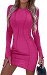 PRETTYGARDEN Womens 2024 Fall Bodycon Mini Dresses Casual Long Sleeve Solid Color Short Tight Ladies Party Club Fashion Dress (Rose Red,Large)