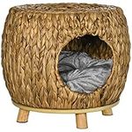 PawHut Wicker Cat House Stool for Rest, Rattan Kitten Bed for Indoor and Outdoor Use, Elevated Pet Bed with Soft Washable Cushion 44 x 43 x 41 cm