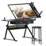 SogesGame Adjustable Drafting Glass Table Versatile Angle Free with 2 Drawers, Art Drafting Table Set for Home Office Worksation, Black