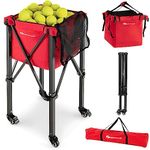 Goplus Foldable Tennis Ball Hoppers, Lightweight Aluminum Tennis Ball Basket with Wheels, Removable Bag, Side Pockets, Carry Bag, Portable Sports Teaching Cart Holds 150 Tennis Balls (Red)