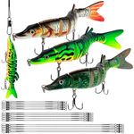 Realure 3 Pcs Multi Jointed Pike Fishing Lures with 15cm 23cm 30cm Wire Traces Pike Lures Sets 3D Artificial Lures with Hooks Slow Sinking Lure with Wobbler for Freshwater Saltwater (H, 12.5cm 17g)