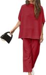 Ainangua Women Casual Two Piece Outfits 3/4 Batwing Sleeve Capelet CrewNeck Pullover Top Wide Leg Pants Lounge Sets Sweatsuit(Wine Red,M)