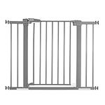 BABELIO 26-40 Inch Easy Install Extra Wide Pressure Mounted Metal Baby Gate, No Drilling, No Tools Required, with Wall Protectors and Extenders (Grey)