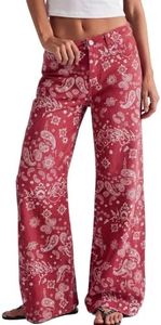 Trendy Queen Womens Wide Leg Jeans High Waisted Baggy Pants, RedPaisley, 14