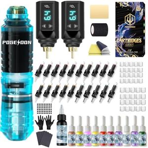 POSEIDON Wireless Rotary Tattoo Machine Kit with 20 Tattoo Cartridge Needles, Ink Set & 2 Rechargeable Batteries | Professional Portable Tattoo Pen for Beginners | Complete Starter Supplies