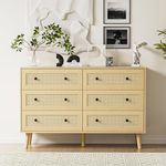 Wananlanen Rattan Dresser for Bedroom, Boho 6 Drawer Dressers & Chest of Drawers with Storage and Metal Handle, Modern Natural Wood Storage Dresser for Living Room, Hallway, Entryway