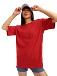 JUNEBERRY® Pure Cotton Oversized Baggy Fit Drop Shoulder Plain Solid Red T-Shirt for Women (OS_JB_RED_M)