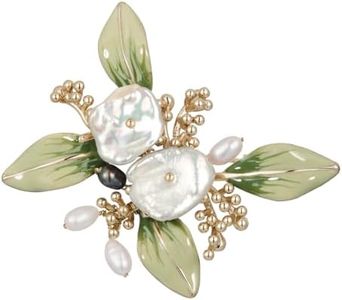 Flower brooches and pins for women, Hand-driping Oil brooch pins with Pearl Pendant, SHE'S FREE STYLE JUST FOR YOU Green leaf Enamel safety pins pearl Metal jewelry pins and brooches (Green Leaf)