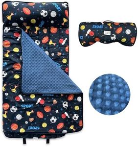 Googgoing Toddler Nap Mat with Removable Pillow & Blanket Roll Up Storage Kids Sleeping Bag Soft and Comfortable Toddler Sleeping Bags for Travel Camping Daycare Preschool（Blue Sports Pattern）