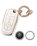 Homaupt for Ford Key Fob Cover Compatible with Explorer Bronco Escape Edge Expedition Mustang F150 Fusion Ranger Lincoln 5 Buttons, Soft TPU Key Shell Fob Case Protector with Bling Car Sticker White