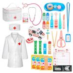 Anpro Wooden Doctors Set for Kids - Toddler Doctor Playset Dentist Toys with Wooden Teeth Syringe, Stethoscope, Tray and Medical Bag, Role Play Toys Doctor Dress Up Kit for Boys Girls Kids Ages 3+