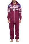 NOROZE Stylish Aztec Mens Onesie - Hooded Zip onesies Playsuit All In One Piece Jumpsuit - Warm And Cozy Men’s Nightwear (XXL, Wine)