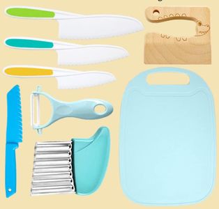 8PCS Kids Kitchen Knife Set , Wooden Kids Knife Safe Knives for Cooking Serrated Edges Children Cooking Utensils Tools Plastic Knife for Toddlers, Potato Slicers , Cutting Board (Blue)