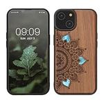 kwmobile Wood Case Compatible with Apple iPhone 14 Case - Cover - Rising Sun Mother of Pearl Dark Brown