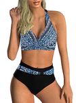 Adigaber Women's Two Piece Swimsuits Criss Cross Top Bikini High Waisted Bottom Tummy Control Bathing Suits Vintage Print Swimwear