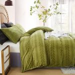 Sedefen Soft Warm Velvet Flannel Duvet Cover Queen Size 3 Pcs Luxury Winter Warm Bedding Set Green Boho Striped Leaf Pattern Textured Bedding Duvet Covers Gift Choice Home Deco