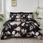 Yogeneg 7 Piece Bed in a Bag Queen Comforter Set Botanical Floral Bedding Set,Flower Leaves Brids Printed on Black Reversible Design,Soft Microfiber Comforter with Sheet Set,All Season(Black B,Queen)