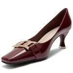 Zelaprox Women's Closed Square Toe Pumps,Low Kitten Heel Pumps Fashion Metal Slip On Stiletto Wedding Party Comfortable Dress Pump Shoes Wine Red