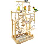 LIMIO Bird Playground Parrot Playstand Natural Wood Bird Perches Stand, Bird Play Gym Playpen for Parakeet Cockatiel Bird Toys, Bird Cage Accessories, with Removable Tray and 4 Stainless Steel Cups