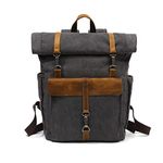 FANDARE Retro Backpack Roll-top School Bag Canvas Hiking Daypacks Unisex Knapsack Travel Rucksack fits 15.6 Inch Laptop for Women Men Work Commuter College School Leather Bookbag Black