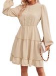 IFFEI Womens Fall Dresses Wedding Guest Long Sleeve Lace Swiss Dots Casual Swing Mini Dress Apricot M