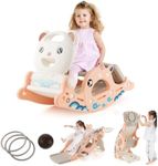 Costway 4-in-1 Kids Slide Rocking Horse, Toddler Climber Slide Playset with Basketball & Ring Toss, Freestanding Baby Slide Toy for Kids 1-4 Years Old Indoor & Outdoor Use, Pink/Green (Pink)