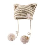 Women Y2K Cat Ear Beanie Hat with Pom Poms Star Accessories Goth Grunge Crochet Knitted Slouchy Skully Caps Alt Emo Clothes, Khaki-beige, 7-7 1/8