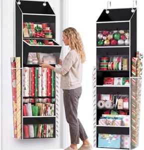 Black Over Door Wrapping Paper Organizer Storage with 3 Removable Drawers & Side Pockets – Dual Use Design with Elastic Straps – Christmas Gift Wrap Storage for Ribbons, Bows,Ornament and Other Tools