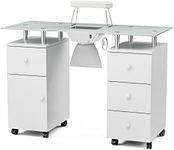 Paddie Manicure Table with Glass Top, Foldable Arm Rest, Lockable Wheels, Storage Drawers for Nail Tech - White