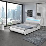 SlumberWorx ORION FAUX LEATHER LED LIGHTS HEADBOARD BED FRAME - SINGLE, SMALL DOUBLE, DOUBLE IN BLACK/WHITE (White, Small Double)