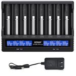 8 Bays 21700 18650 Battery Charger XTAR New VC8 Plus 21700 Smart Charger with LCD Display,1A*8 Fast Charger for 3.6V 3.7V Li-ion 10440 18700 26650 1.2V Ni-MH AA AAA C Full Set with DC 12V 3A Adapter