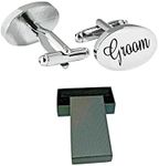 Virens Empourium Men's Wedding Cufflinks BOXED SILVER OVAL Cufflink, Groom Best Man Usher Page Boy and Many More Titles, Gift Box with Every Pair of Cuff Link (GROOM)