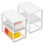 mDesign Plastic Stackable Cosmetic Storage with Pull Out Bin Organizer Drawer for Cabinet, Vanity, Shelf, Cupboard, or Cabinet Organization - 4 Pack - Lumiere Collection - White/Clear