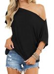 INFITTY Womens 2024 Short Sleeve Sexy Shirts Off The Shoulder Tops Summer Batwing Loose Blouse Black Medium