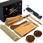 Luxury Sushi Making Kit for Beginners Home Use - Japanese DIY Sushi Maker Set w/Bamboo Mat, 2 Chopsticks & Holders, Sauce Dishes, Rice Paddle, Sushi Plate, Solid Oak Maki Molder & Cotton Bag,15 pcs