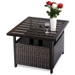 DORTALA Rattan Wicker Umbrella Square Side Table Outdoor Stand Garden Leisure Coffee Table with Umbrella Hole, Dark Brown