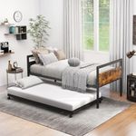 KOMFOTT Twin Size Metal Daybed with Trundle, Daybed Frame with Wooden Headboards, Metal Slat Support, Saving Space Metal Sofa Bed Frame for Living Room, Bedroom, Apartment, No Box Spring Needed