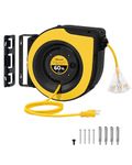 WILAWELS Retractable Cord Reel, 60 FT (18.29M) Heavy Duty Extension Cord, 12AWG/3C SJTOW, 3 Grounded Outlets Lighted Triple Tap, 15A Circuit Breaker, Wall/Ceiling Mounted, UL Listed, Yellow Y60CR06