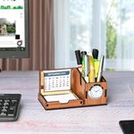 Gift Kya De Desk Organizer with Clock & Calendar Office Table Accessories 2024/2025 Calendar for Office Desk Wooden Pen Stand with Clock/Corporate Gift/Eco-Friendly (Dark Wood)