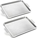 Nicunom 2 Pack BBQ Grill Topper Grilling Pans, Non-Stick Stainless Steel Grilling Tray with Holes, Barbecue Basket Outdoor Grill Accessories for Meat, Vegetables, Seafood, 10" x16.5"